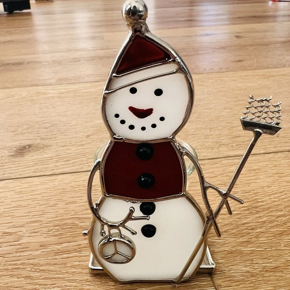 Vintage Snowman Leaded Stained‎ Glass Table Top Votive Candle Holder